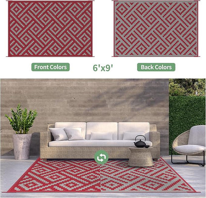 GENIMO Outdoor Rug, Waterproof Plastic Rugs for Patio, 6'x9' Red Grey | Outside Larger Modern Carpet Mat for Porch Decor, Deck, Balcony, Camping, RV, Backyard, Picnic, Beach, Reversible, Foldable