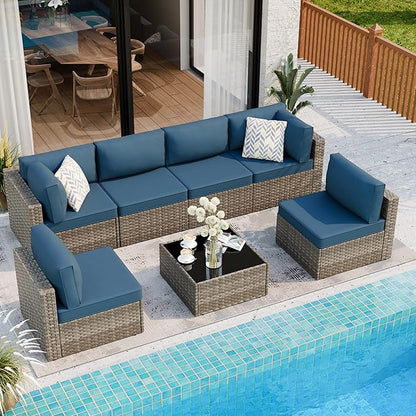 7 Piece Outdoor Patio Furniture Set,Natural PE Rattan Wicker Sectional Sofa, All Weather Conversation Set with Washable Cushions & Glass Coffee Table for Backyard Poolside Garden Porch,Navy Blue