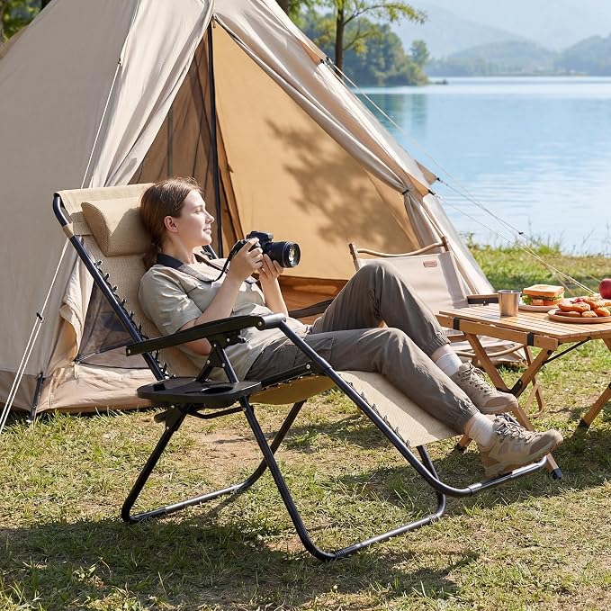 Alpen Set of 2 Outdoor Camping Chairs, Lounge Zero Gravity Chair, Khaki | Outdoor Chaise Lounge Chairs, Foldable Tanning Chair with Cup Holder for Poolside Patio Backyard Outdoor Camping