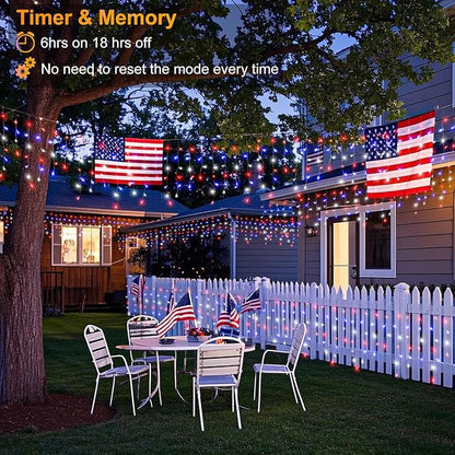 Red White and Blue Icicle Lights for Outside, 4th of July Decorations Independence Day Patriotic Lights, 33ft 400 LED with 75 Drops Clear Wire Connectable for Memorial Day Party Holiday