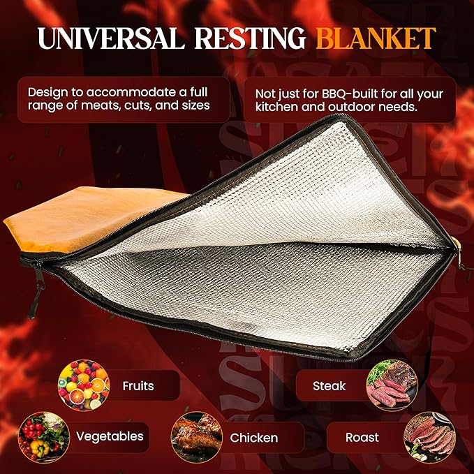 Portable Insulated BBQ Blanket for Resting Meat with Wide Mouth & Zipper – Multi-Layer Leakproof BBQ Resting Bag for Smoking, Grilling, Pulled Pork Shoulders, Steaks, Briskets, Beef, Turkey