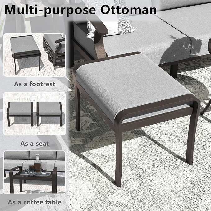 ALAULM Aluminum Patio Furniture Set with 2 Swivel Chairs 9-seat Metal Outdoor Furniture Patio Sectional Sofas Patio Conversation Set w/2 Ottomans for Patio, Backyard, Poolside-Grey