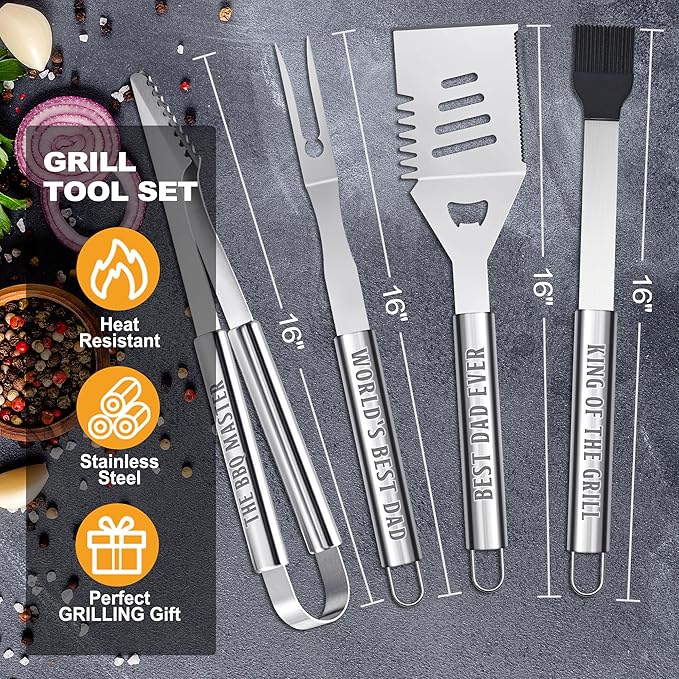Dad Gifts, Grilling Accessories for Dad Valentines Day, Heavy Duty Stainless Steel Grill Set BBQ Grill Tools for Outdoor Grill with Aluminum Case, Grill Utensils Ideal Grilling Gift