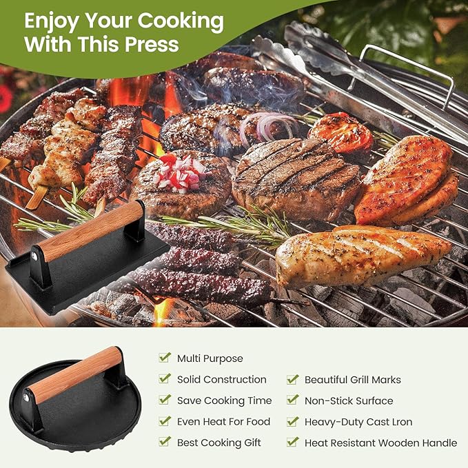 Blackstone Burger Press Set - 7" Round Smash Burger Press & 8"x4" Rectangle Cast Iron Grill Press with Wooden Handle - Smasher is Perfect for Blackstone Griddle, Pitboss Weber Griddle Grills
