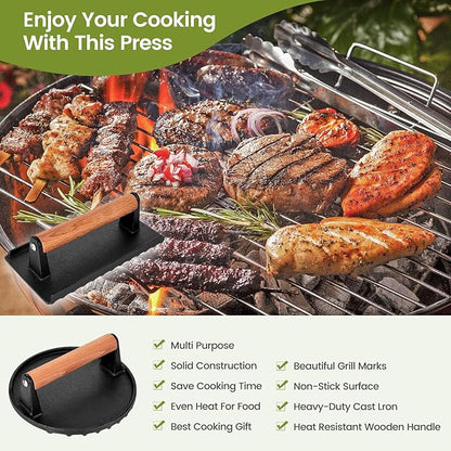 Blackstone Burger Press Set - 7" Round Smash Burger Press & 8"x4" Rectangle Cast Iron Grill Press with Wooden Handle - Smasher is Perfect for Blackstone Griddle, Pitboss Weber Griddle Grills