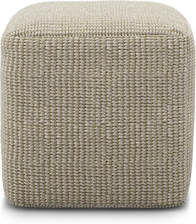SIMPLIHOME Zelma 18" Wide Square Pouf in Cream/Natural PET Polyester | Versatile boho indoor/outdoor footstool, extra seating for living room or bedroom or patio with assembled design, assembled.