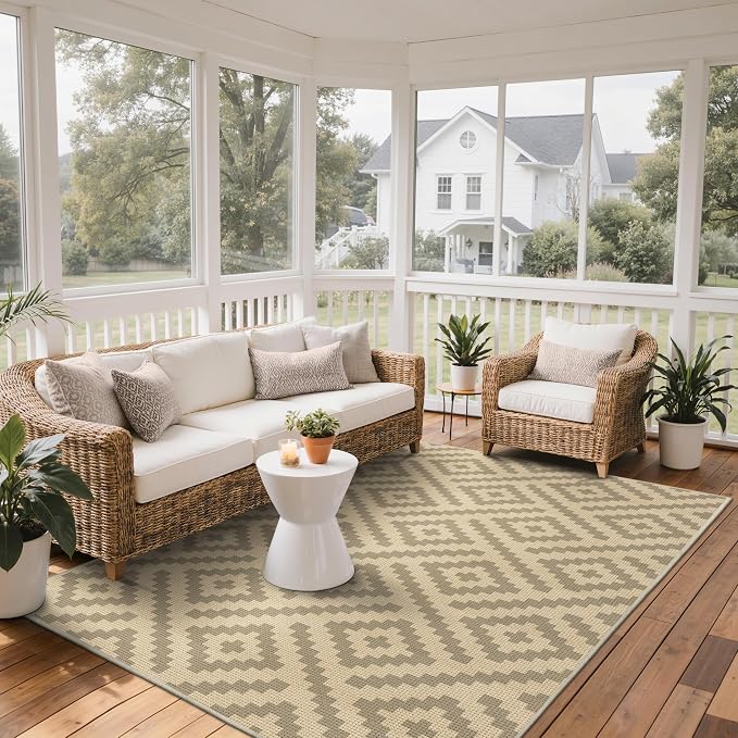 GENIMO Outdoor Rug, Waterproof Plastic Rugs for Patio, 6'x9' Oat Beige | Outside Larger Modern Carpet Mat for Porch Decor, Deck, Balcony, Camping, RV, Backyard, Picnic, Beach, Reversible, Foldable