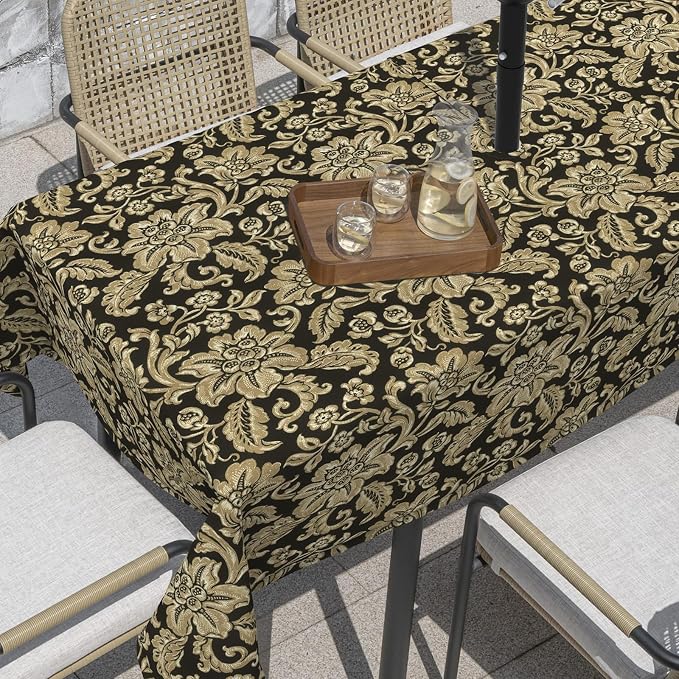 Outdoor Rectangle Tablecloth, 60×84 Inch Water Repellent Picnic Table Cover with Umbrella Hole Zipper for Patio Family Meal, Jacobean Black