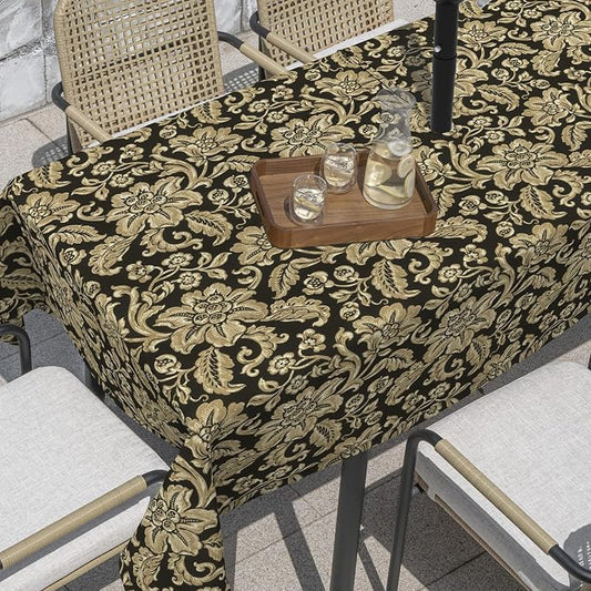 Outdoor Rectangle Tablecloth, 60×84 Inch Water Repellent Picnic Table Cover with Umbrella Hole Zipper for Patio Family Meal, Jacobean Black