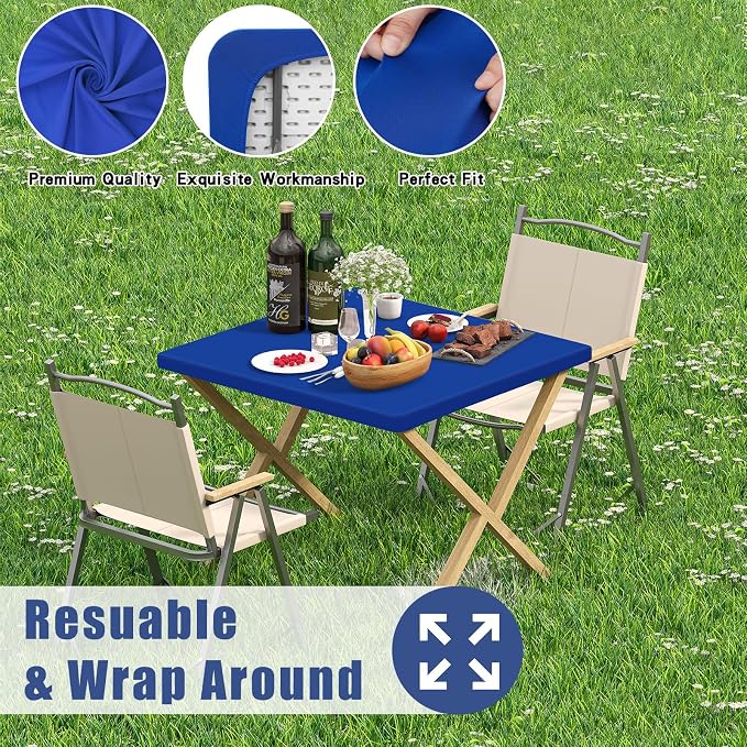 Moosfor 2 Pack Square Spandex Fitted Table Cloth, Elastic Tablecloth | Washable Picnic Table Cover, Stretch Waterproof Table cloths for Party, Patio, Dining, Kitchen, 34" x 34", Blue