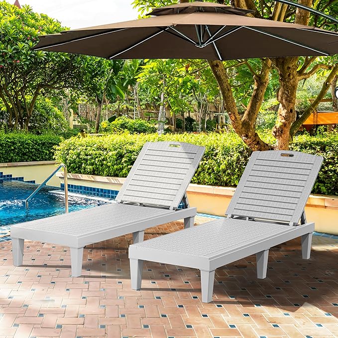 YITAHOME Outdoor Chaise Lounge Chair, Plastic Pool Chaise Lounge with 5-Position Backrest, Easy Assembly & Waterproof for Patio & Poolside, Set of 4, Grayish-White
