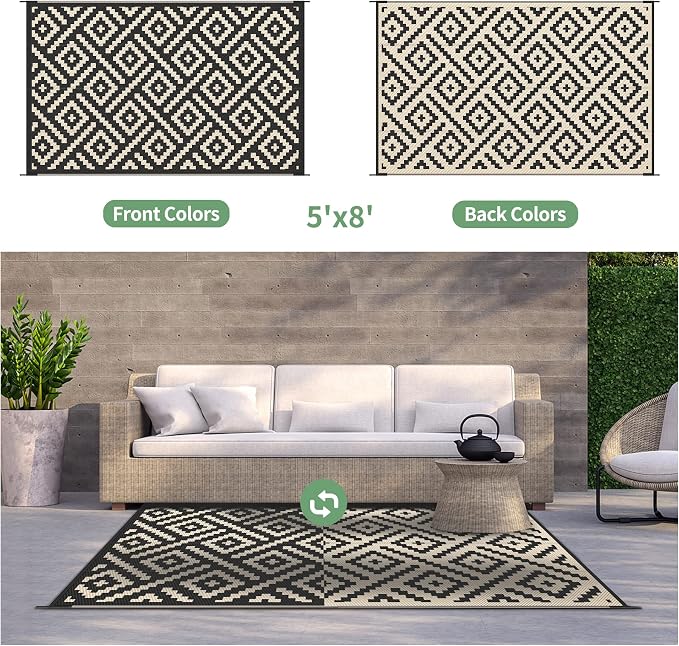 GENIMO Outdoor Rug, Waterproof Plastic Rugs for Patio, 5'x8' Black Beige | Outside Larger Modern Carpet Mat for Porch Decor, Deck, Balcony, Camping, RV, Backyard, Picnic, Beach, Reversible, Foldable