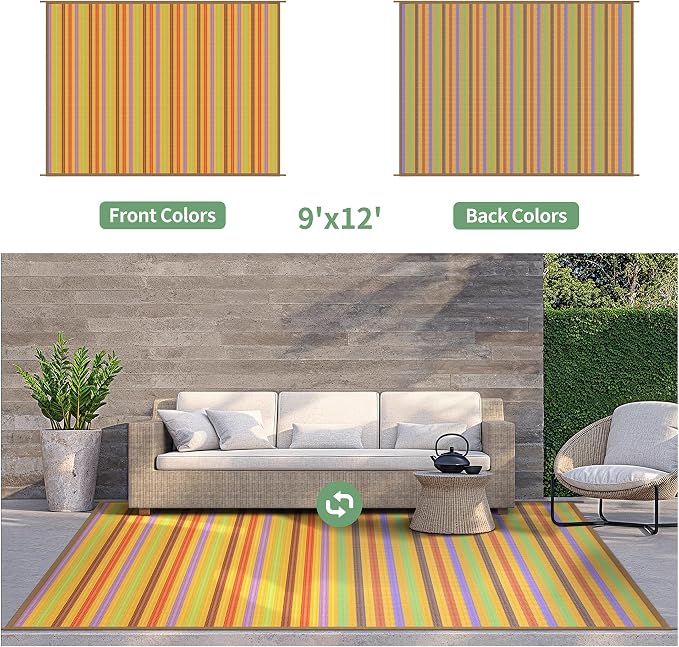 GENIMO Outdoor Rug, Waterproof Plastic Rugs for Patio, 9'x12' Rainbow | Outside Larger Modern Carpet Mat for Porch Decor, Deck, Balcony, Camping, RV, Backyard, Picnic, Beach, Reversible, Foldable