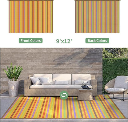 GENIMO Outdoor Rug, Waterproof Plastic Rugs for Patio, 9'x12' Rainbow | Outside Larger Modern Carpet Mat for Porch Decor, Deck, Balcony, Camping, RV, Backyard, Picnic, Beach, Reversible, Foldable