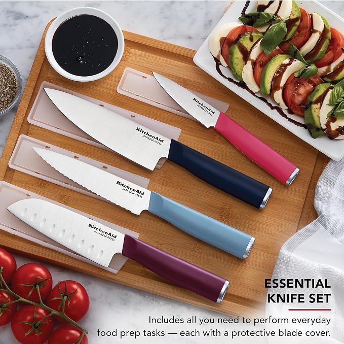 KitchenAid 4-Piece Chef Knife Set with Blade Covers, 6-Inch Chef Knife, 5-Inch Santoku, 5.5-Inch Serrated Utility, 3.5-Inch Paring Japanese Steel, Assorted Colors