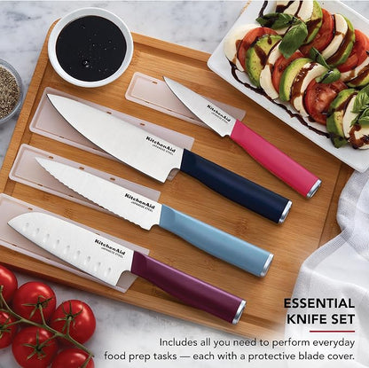 KitchenAid 4-Piece Chef Knife Set with Blade Covers, 6-Inch Chef Knife, 5-Inch Santoku, 5.5-Inch Serrated Utility, 3.5-Inch Paring Japanese Steel, Assorted Colors