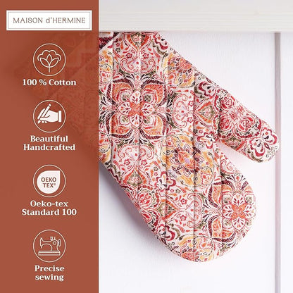 Maison d' Hermine Oven Gloves 100% Cotton Oven Mitt 7" x 13" with Loop Heat Resistant BBQ Cooking Gloves for Thanksgiving Christmas Decorations Baking Handling Hot Pans (Pack of 1, Damask)