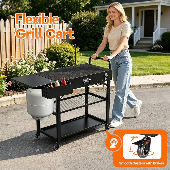Grill Cart for Blackstone Griddle, Outdoor Grill Table Foldable for Ninja | Folding Pizza Oven Stand Grill Stand Fit 17 or 22 Inch Tabletop Griddle, Portable BBQ Prep Station with Tool Hooks & Wheels