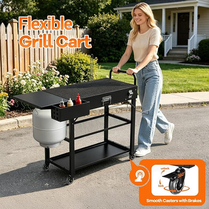 Grill Cart for Blackstone Griddle, Outdoor Grill Table Foldable for Ninja | Folding Pizza Oven Stand Grill Stand Fit 17 or 22 Inch Tabletop Griddle, Portable BBQ Prep Station with Tool Hooks & Wheels