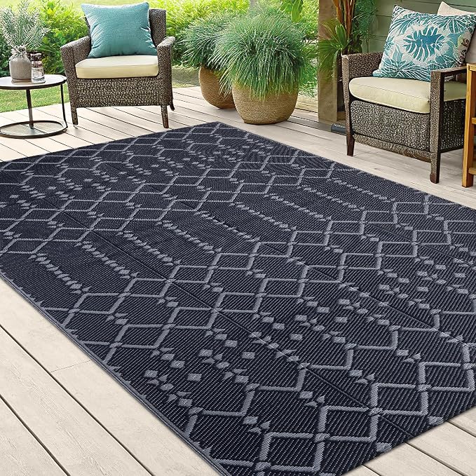 Smiry Outdoor Rug 5x8 ft Waterproof Reversible Boho Mat, Dark Grey | Polypropylene Plastic Straw, Quick Drying, Lightweight Foldable, for Patio, Deck, RV Camping, Backyard and Indoor Outdoor Use