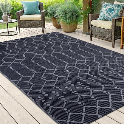 Smiry Outdoor Rug 5x8 ft Waterproof Reversible Boho Mat, Dark Grey | Polypropylene Plastic Straw, Quick Drying, Lightweight Foldable, for Patio, Deck, RV Camping, Backyard and Indoor Outdoor Use