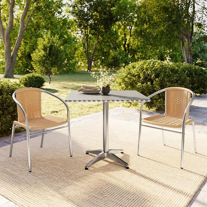 Flash Furniture Lila 31.5'' Square Aluminum Indoor-Outdoor Table Set with 2 Beige Rattan Chairs | Indoor/Outdoor Use, Beige Rattan Chairs