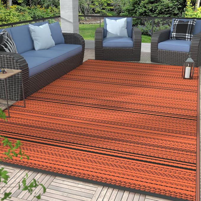 GENIMO Outdoor Rug, Waterproof Plastic Rugs for Patio, 6'x9' Carbon Orange | Outside Larger Modern Carpet Mat for Porch Decor, Deck, Balcony, Camping, RV, Backyard, Picnic, Beach, Reversible, Foldable