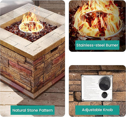 32" Outdoor Propane Fire Pit, Square Stonecrest Gas Firepit for Outside Patio, Concrete Propane Fire Table 50,000 BTU Gas Fire Pits with Waterproof Cover, Red Fire Glass