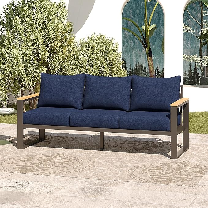 Sundale Outdoor Aluminum Patio Furniture, 3-seat All-Weather Outdoor Couch with 6" Olefin Cushion & Wide Armrest, Outside Sofa Seating for Garden Deck Porch (Navy Blue) | Heavy Duty