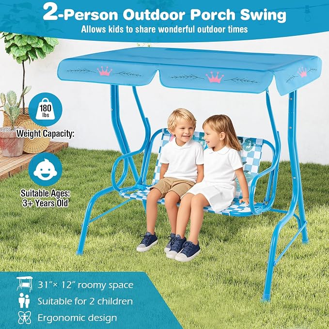 HONEY JOY Kids Patio Swing, 2-Seater Outdoor Porch Swing Lounge Chair, Adjustable Canopy & Safety Belt, All Weather Resistant Waterproof Hanging Swing Bench for Garden Poolside Balcony(Blue Flamingo)