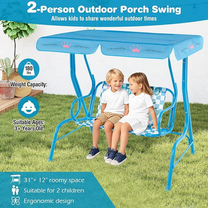 HONEY JOY Kids Patio Swing, 2-Seater Outdoor Porch Swing Lounge Chair, Adjustable Canopy & Safety Belt, All Weather Resistant Waterproof Hanging Swing Bench for Garden Poolside Balcony(Blue Flamingo)