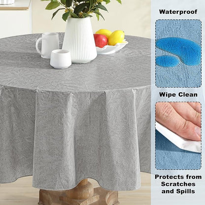 Newbridge Napa Leaf Grey Vinyl Flannel Backed Tablecloth, 70 Inch Round, Hotel Quality Waterproof Indoor Outdoor Table Cover for Kitchen, Patio, Dining, BBQ