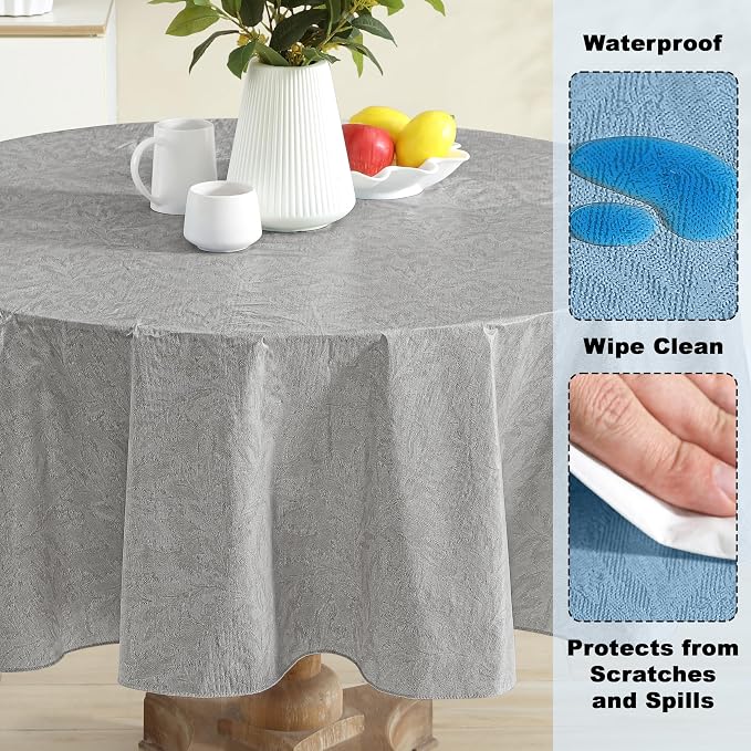 Newbridge Napa Leaf Grey Vinyl Flannel Backed Tablecloth, 70 Inch Zippered Umbrella Round, Hotel Quality Waterproof Indoor Outdoor Table Cover for Kitchen, Patio, Dining, BBQ