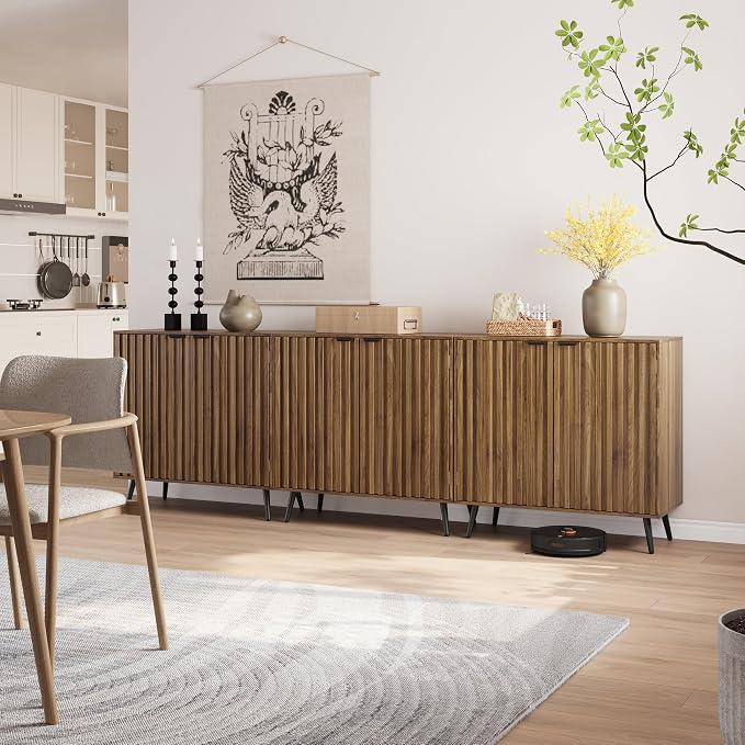 Semiocthome Walnut Buffet Cabinet with Storage, Sideboard Cabinet with Fluted Doors and Metal Legs, Storage Cabinet with Adjustable Shelf, Accent Table for Living Room, Dining Room, Kitchen, Entryway