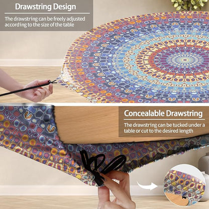 opstellen Fitted Round Tablecloth Bohemian Vinyl Patio Table Cloths for 36-44" Tables Camper Travel Vacation Accessories Living Room New HomeHouse Decorations Outdoor Road Trip Must Haves