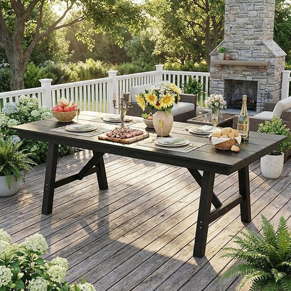 Garvee Outdoor Patio Dining Table for 4-6, 66.9" Long Outdoor HDPE Garden Dining Table with Umbrella Hole, Aluminum Frame, Triangular Legs, Waterproof, All-Weather for Backyard, Poolside, Black