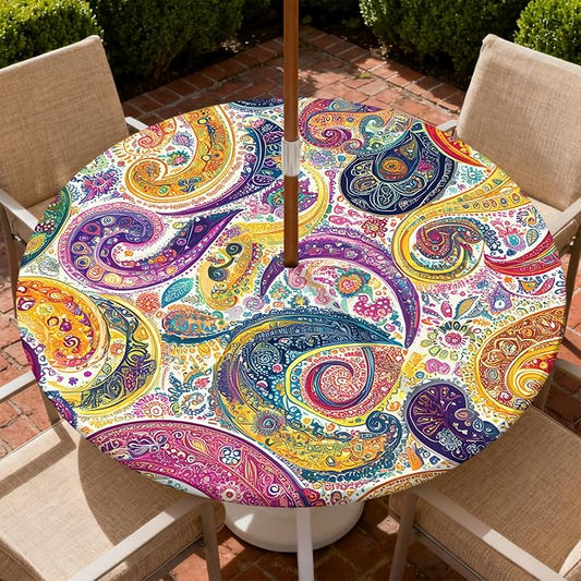 Outdoor Tablecloth with Umbrella Hole and Zipper Fits 61-65" Tables | Waterproof Round Fitted Tablecloth with Elastic Edge, Wipeable Outdoor Table Cover for Patio, Garden, Picnic