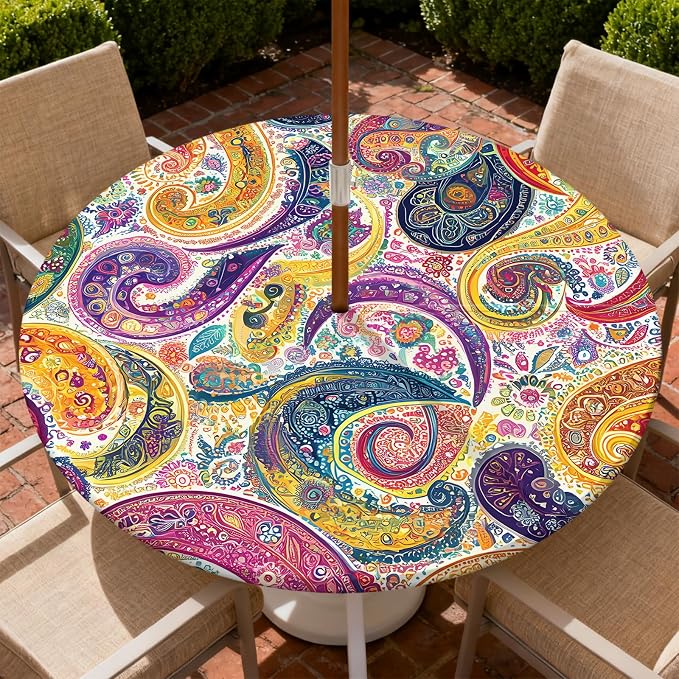 Outdoor Tablecloth with Umbrella Hole and Zipper Fits 45-48" Tables | Waterproof Round Fitted Tablecloth with Elastic Edge, Wipeable Outdoor Table Cover for Patio, Garden, Picnic