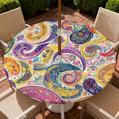 Outdoor Tablecloth with Umbrella Hole and Zipper Fits 45-48" Tables | Waterproof Round Fitted Tablecloth with Elastic Edge, Wipeable Outdoor Table Cover for Patio, Garden, Picnic