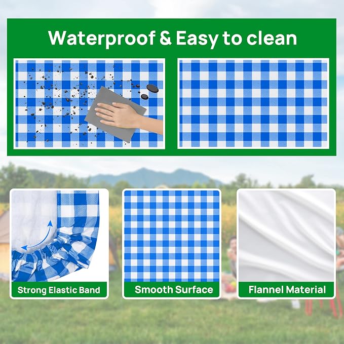 Vinyl Fitted Picnic Table Cover with Bench Covers & Blue 6ft Blue Checkered | Vinyl Fitted Picnic Table Cover with Bench Covers and Bag, Outdoor Waterproof Windproof Picnic Tablecloth with Elastic Edges.