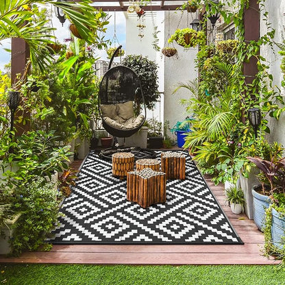 GENIMO Outdoor Rug, Waterproof Plastic Rugs 9'x12' for Camping Black White | Outside Larger Modern Carpet Mat for Porch Decor, Deck, Balcony, Camping, RV, Backyard, Picnic, Beach, Reversible, Foldable
