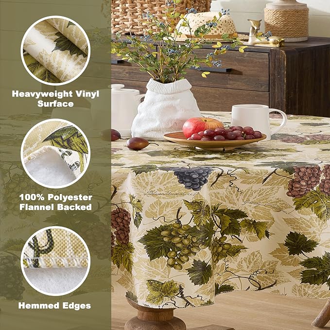 Newbridge 60 x 84 Inch Oval Vinyl Tablecloth with Flannel Backing, Grapevine Print, Grape Theme Indoor Outdoor Waterproof Table Cover, Picnic, Barbeque, Patio and Kitchen Dining