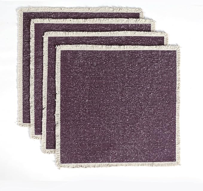 Hausattire Cotton Frayed Placemats Set of 4 Dining Table 14x14 Inch | Rustic Vintage Boho Washable Easter Placemat for Outdoor Parties BBQ's Wedding, Holiday, Special Occasions, Nubby Cotton - Plum