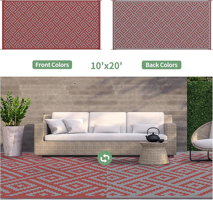 GENIMO Outdoor Rug, Waterproof Plastic Rugs for Patio, 10'x20' Red Grey | Outside Larger Modern Carpet Mat for Patio Decor, RV, Porch, Camper, Deck, Picnic, Beach, Backyard, Reversible, Foldable