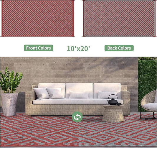 GENIMO Outdoor Rug, Waterproof Plastic Rugs for Patio, 10'x20' Red Grey | Outside Larger Modern Carpet Mat for Patio Decor, RV, Porch, Camper, Deck, Picnic, Beach, Backyard, Reversible, Foldable