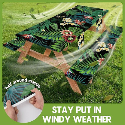 Picnic Table Cover with Bench Covers Waterproof Elastic Rectangle Tablecloth Camping Essentials Supplies Rv Car Travel Gear Must Haves Accessories Fitted Table Cloth Outdoor Road Trip Camper Gifts 6ft