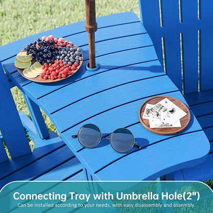 Shintenchi Adirondack Chairs Set of 2,HDPE Adirondack Chairs w/Removable Tablelop & Umbrella Hole,All-Weather Wooden Textured Plastic Outdoor Chairs w/Cup Holders for Garden Backyard Pool,Blue