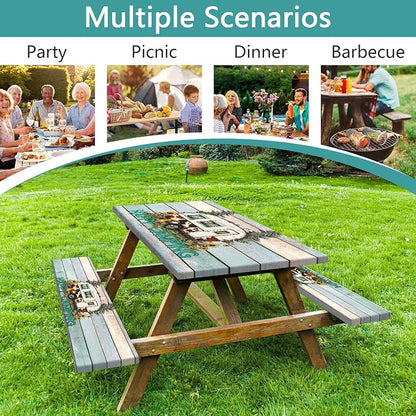 Flowers Picnic Table Cover with Bench Covers and Bag, Camping Essentials, Green Camper Wooden Grain Waterproof, Fitted Tablecloth Cover with Elastic Edge, Outdoor Table Covers, 3 PCS, 30x96 Inch