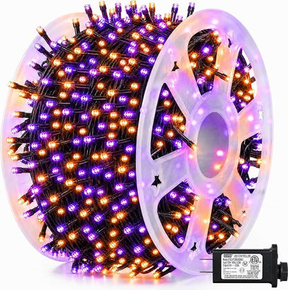Dazzle Bright 164 FT 500 LED Halloween String Lights, Waterproof Halloween String Lights Black Wire with 8 Modes, Outdoor Halloween Decorations for Indoor Party Yard Wedding Decor, Purple & Orange