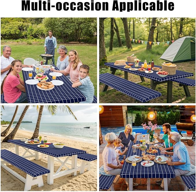 Smiry Picnic Table Cover with Bench Covers, Waterproof Elastic Fitted Tablecloth for 5 Foot Tables, Washable Polyester Tablecloths for Camping, Indoor & Outdoor (Navy & White, 30x60 Inch 3-pc Set)